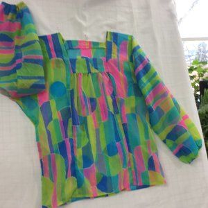 Unique handmade. Vibrant green, pink and blue sheer blouse. Oversized